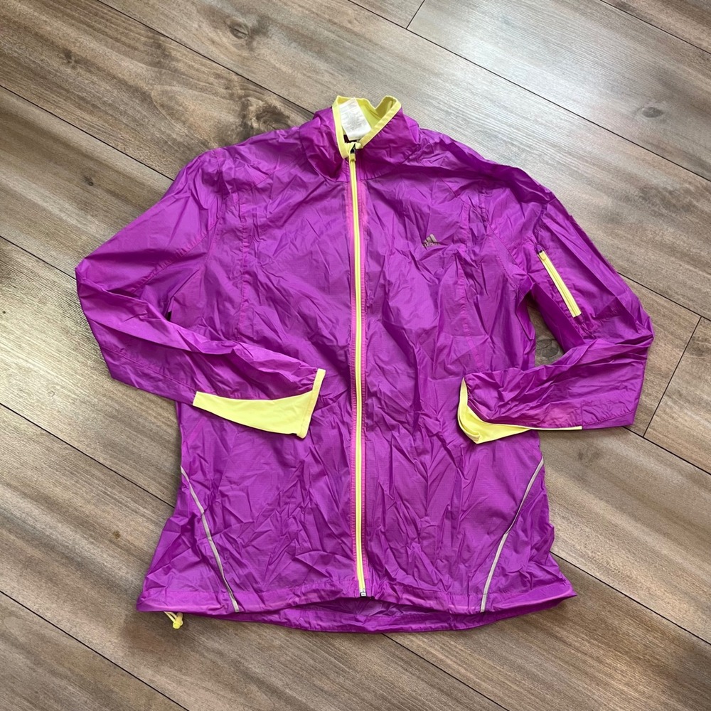 Adidas Purple Yellow Windbreaker Jacket Womens Large Full Zip Running Coat
